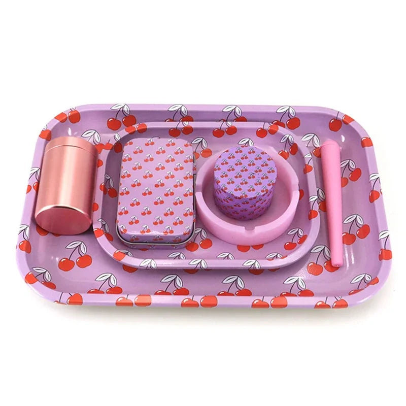 Kit Puff completo cereja com itens sobre a bandeja boladora