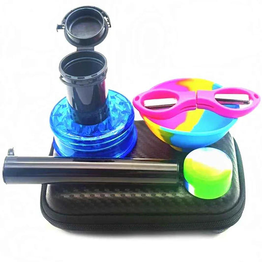 Kit Puff Essence com case preto, dichavador, cuia colorida e tubo porta-beck