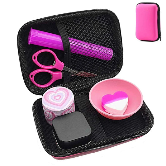 Kit Puff Lovely completo com case aberta e acessorios pink organizados