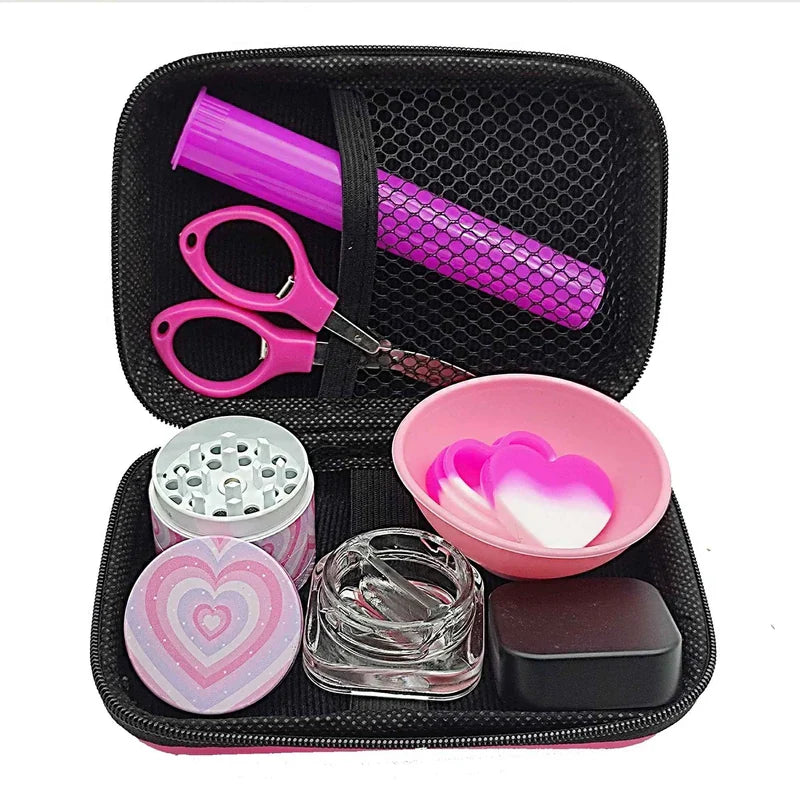 Kit Puff Lovely com dichavador de metal, cuia, slicks, tesoura e tubo porta-beck