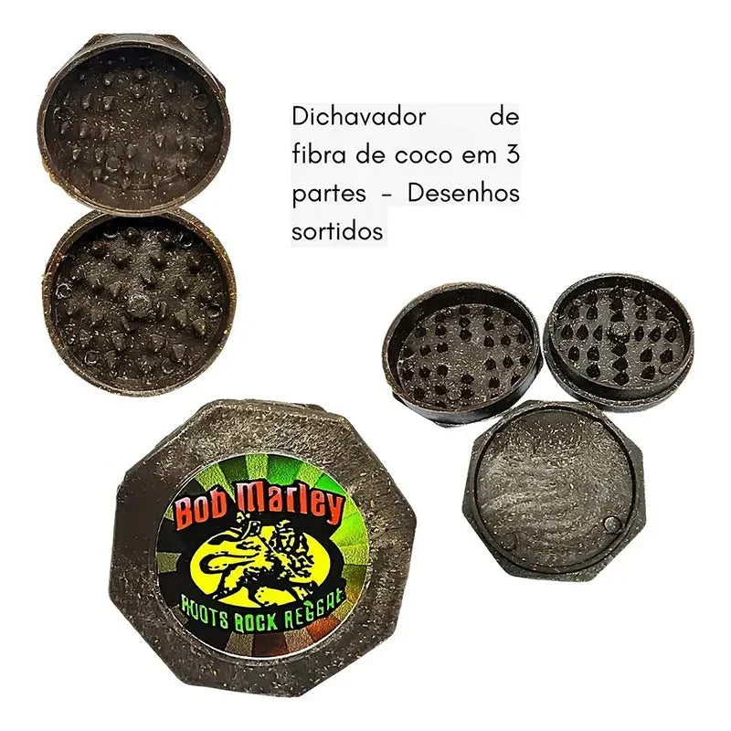Kit Puff Rasta com dichavador de fibra de coco 3 partes