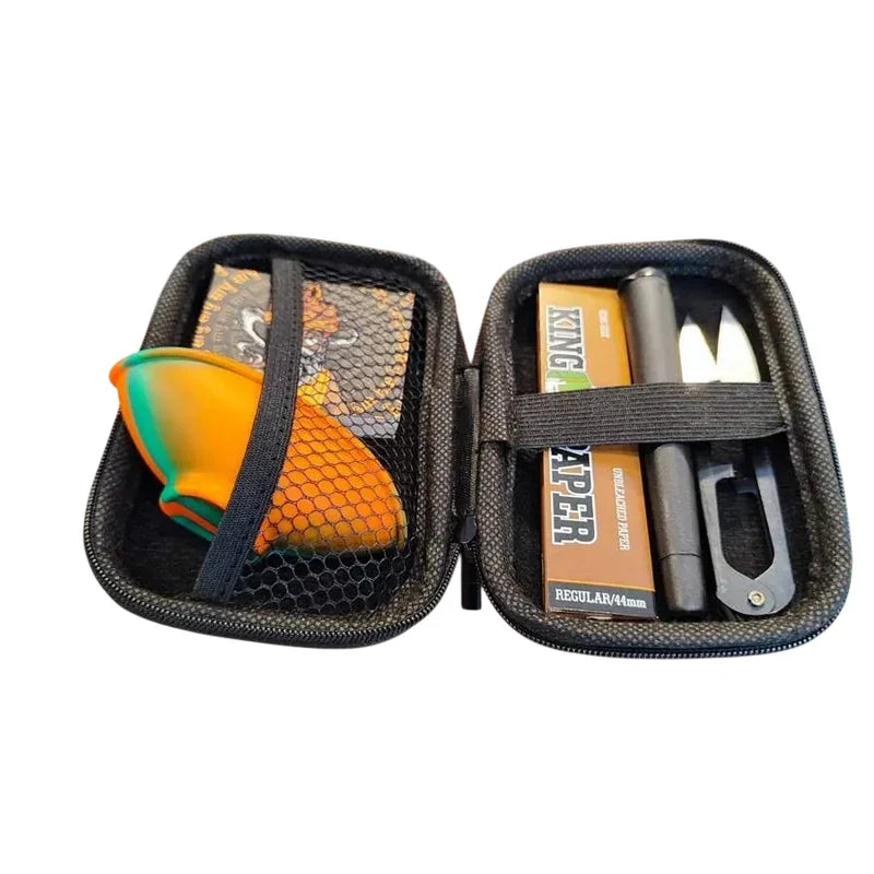 Kit Puff Sadhu com case aberta, sedas, cuia, piteira e tubo porta-beck