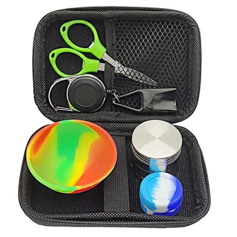 Kit Puff Viber com case aberta, dichavador de metal, cuia e porta-isqueiro