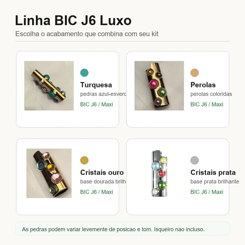 porta-isqueiro-bic-j6-luxo-guia-acabamentos - Guia dos acabamentos do porta-isqueiro BIC J6 luxo com turquesa, perolas, cristais dourado e cristais prata.