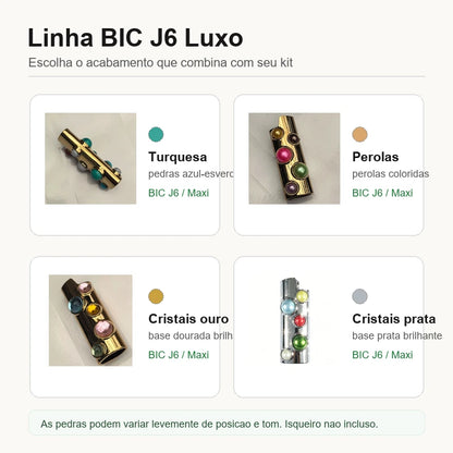 porta-isqueiro-bic-j6-luxo-guia-acabamentos - Guia dos acabamentos do porta-isqueiro BIC J6 luxo com turquesa, perolas, cristais dourado e cristais prata.