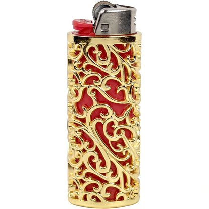 porta-isqueiro-bic-j6-ouro-capa-com-isqueiro - Porta-isqueiro BIC J6 ouro com desenho floral vazado e isqueiro demonstrativo encaixado.