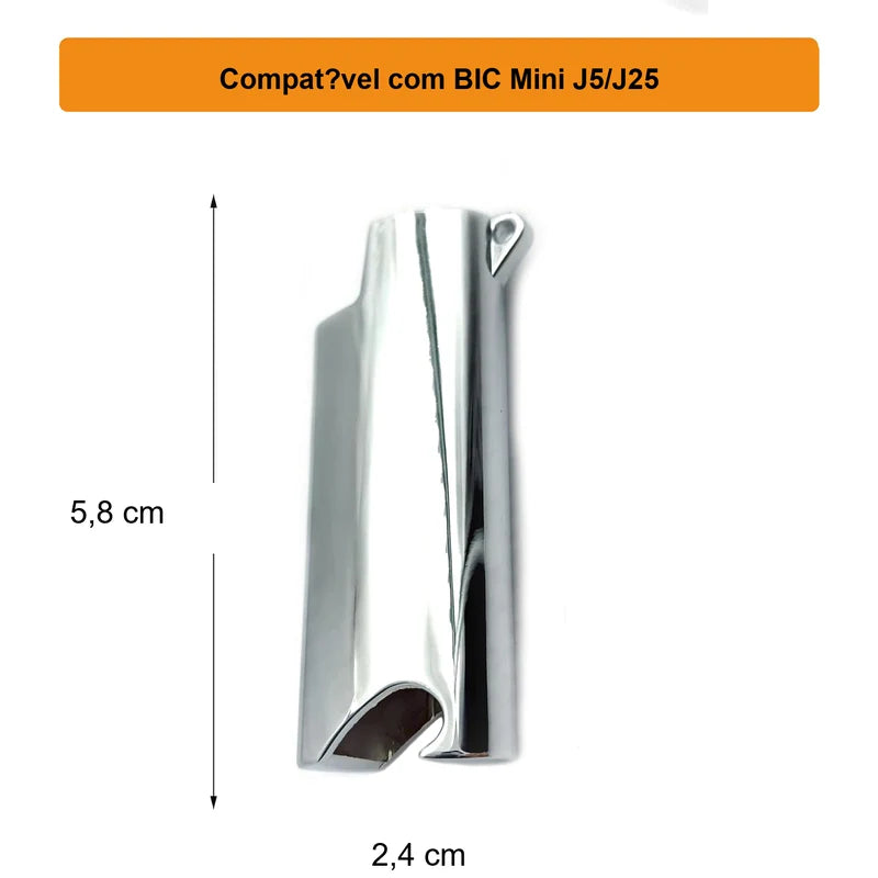 porta-isqueiro-bic-mini-j5-prata-com-abridor-medidas - Porta-isqueiro BIC Mini J5 prata com medidas aproximadas e compatibilidade J5 J25
