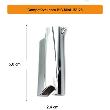 porta-isqueiro-bic-mini-j5-prata-com-abridor-medidas - Porta-isqueiro BIC Mini J5 prata com medidas aproximadas e compatibilidade J5 J25