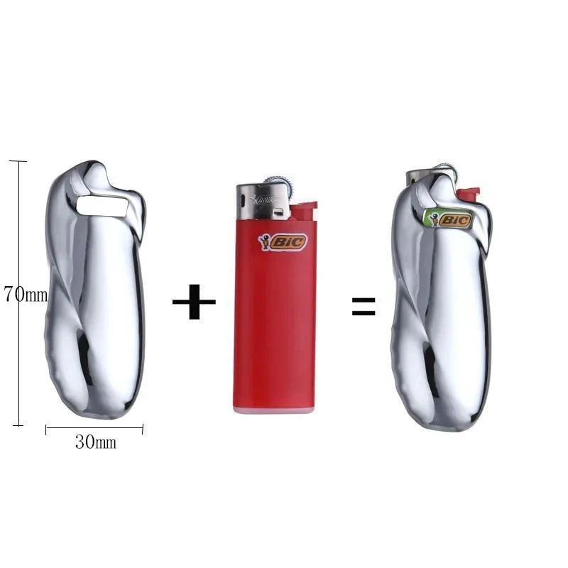 porta-isqueiro-bic-mini-j5-prata-liso-montagem-com-isqueiro - Porta-isqueiro BIC Mini J5 prata liso com montagem visual mostrando capa e isqueiro mini.