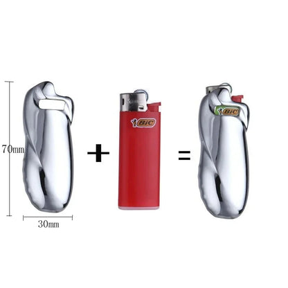 porta-isqueiro-bic-mini-j5-prata-liso-montagem-com-isqueiro - Porta-isqueiro BIC Mini J5 prata liso com montagem visual mostrando capa e isqueiro mini.